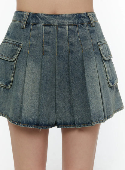 Cargo Pleated Vintage Wash Denim Skirt CL507