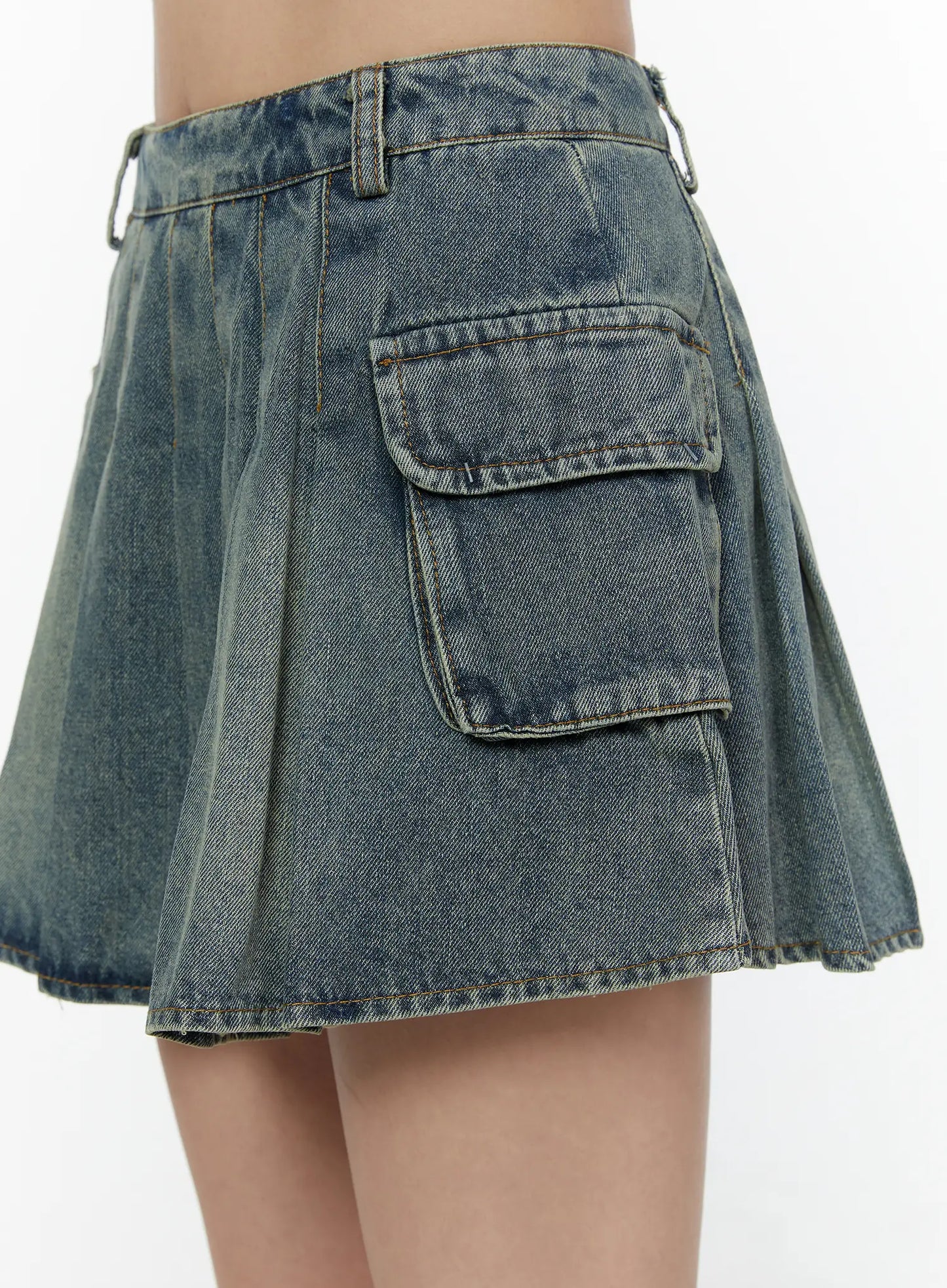 Cargo Pleated Vintage Wash Denim Skirt CL507