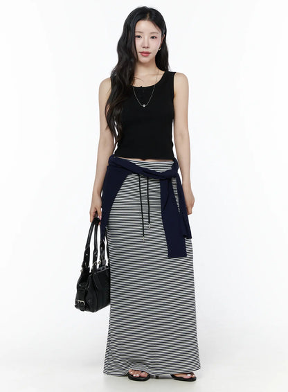 Casual Striped Drawstring Maxi Skirt IU525