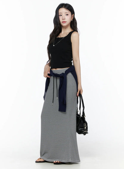 Casual Striped Drawstring Maxi Skirt IU525