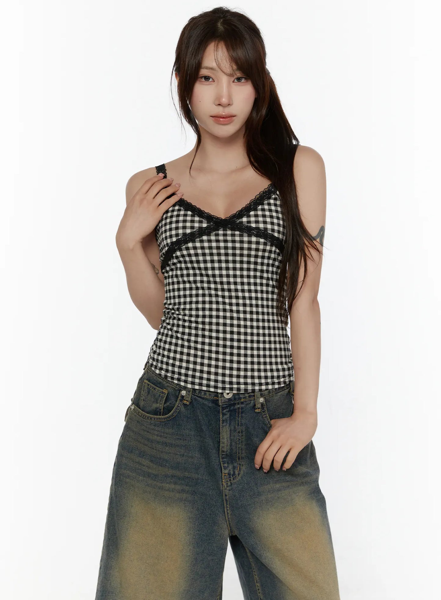 Checkered Lace Trim Tank CL508