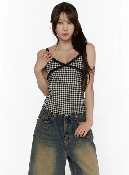 Checkered Lace Trim Tank CL508