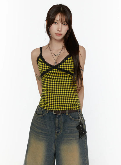 Checkered Lace Trim Tank CL508